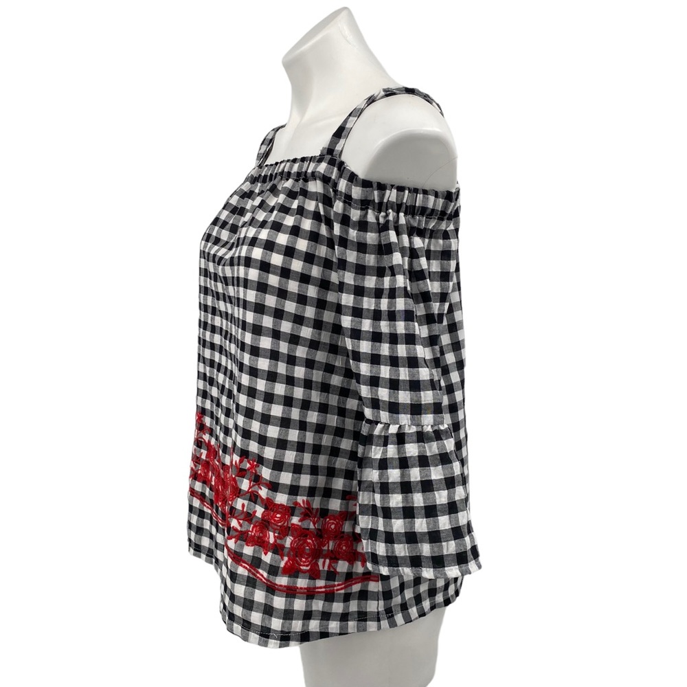Harlow & Rose Gingham Floral Embroidered Off Shoulder Top Small - Picture 2 of 11
